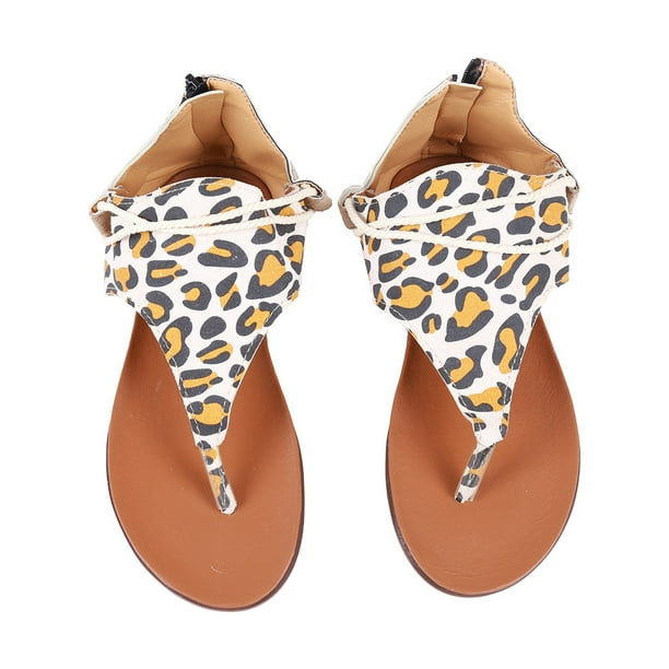 2021 Women Posh Gladiator Comfy Sandal Leopard Cutout Thong Sandals Vintage Casual Back Zip Flat Heel Clip-Toe Shoes